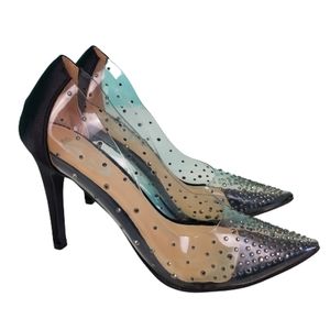 Italian 4" transparent jeweled heels, women's size 8, transparent and black